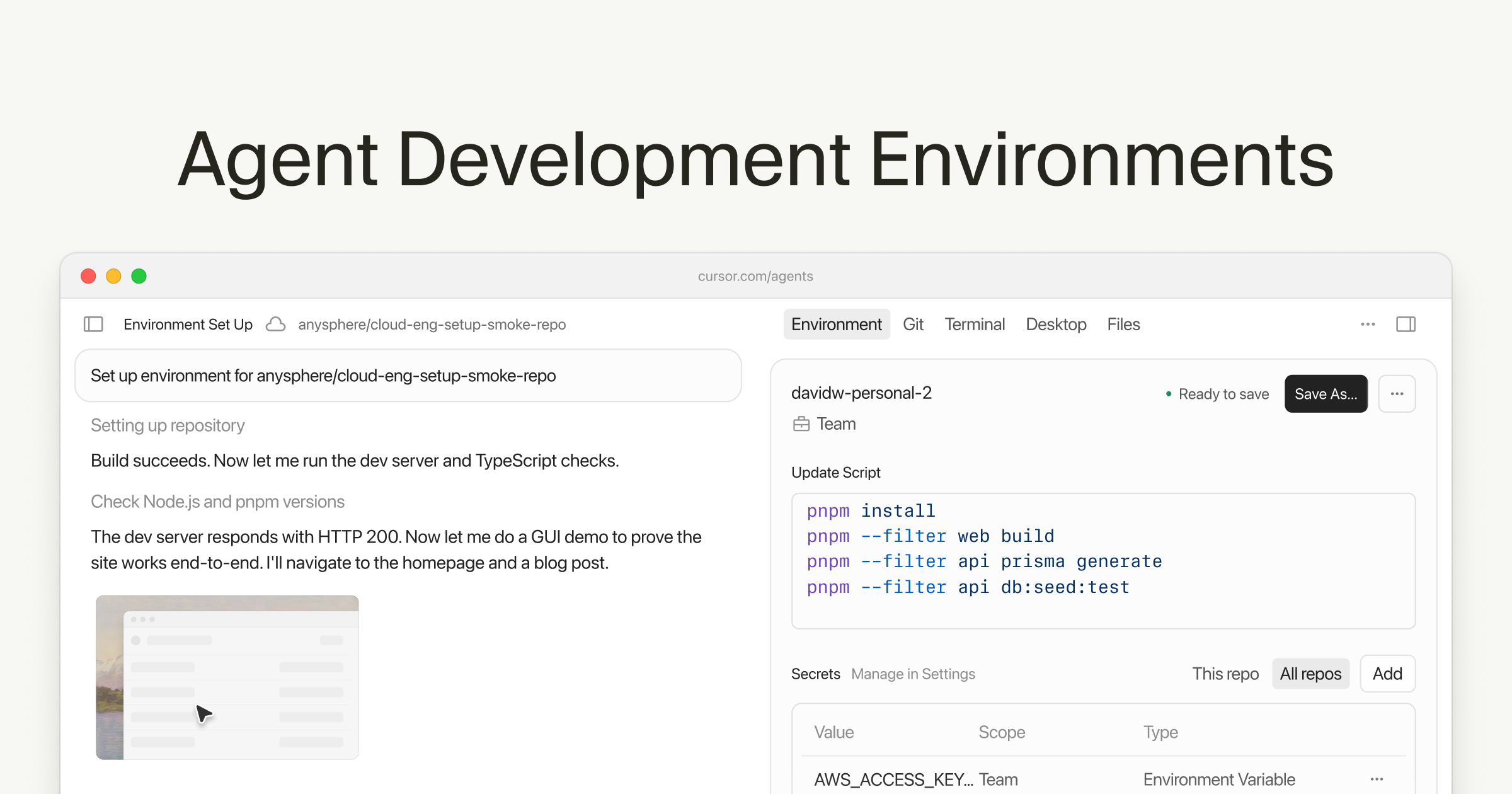 Screenshot of Cursor's cloud agent development environment interface