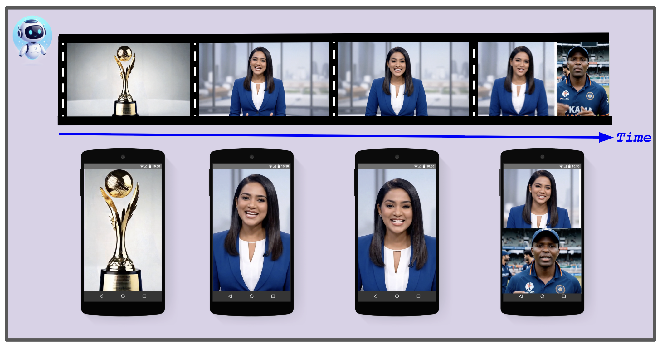 AI-powered video editing interface showing raw footage being transformed into mobile clips