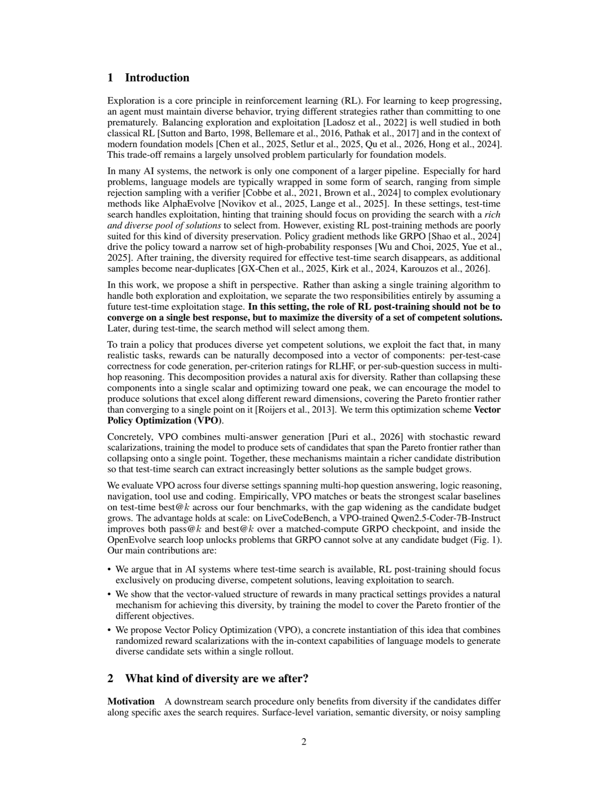 Vector Policy Optimization: Training for Diversity Improves Test-Time Search