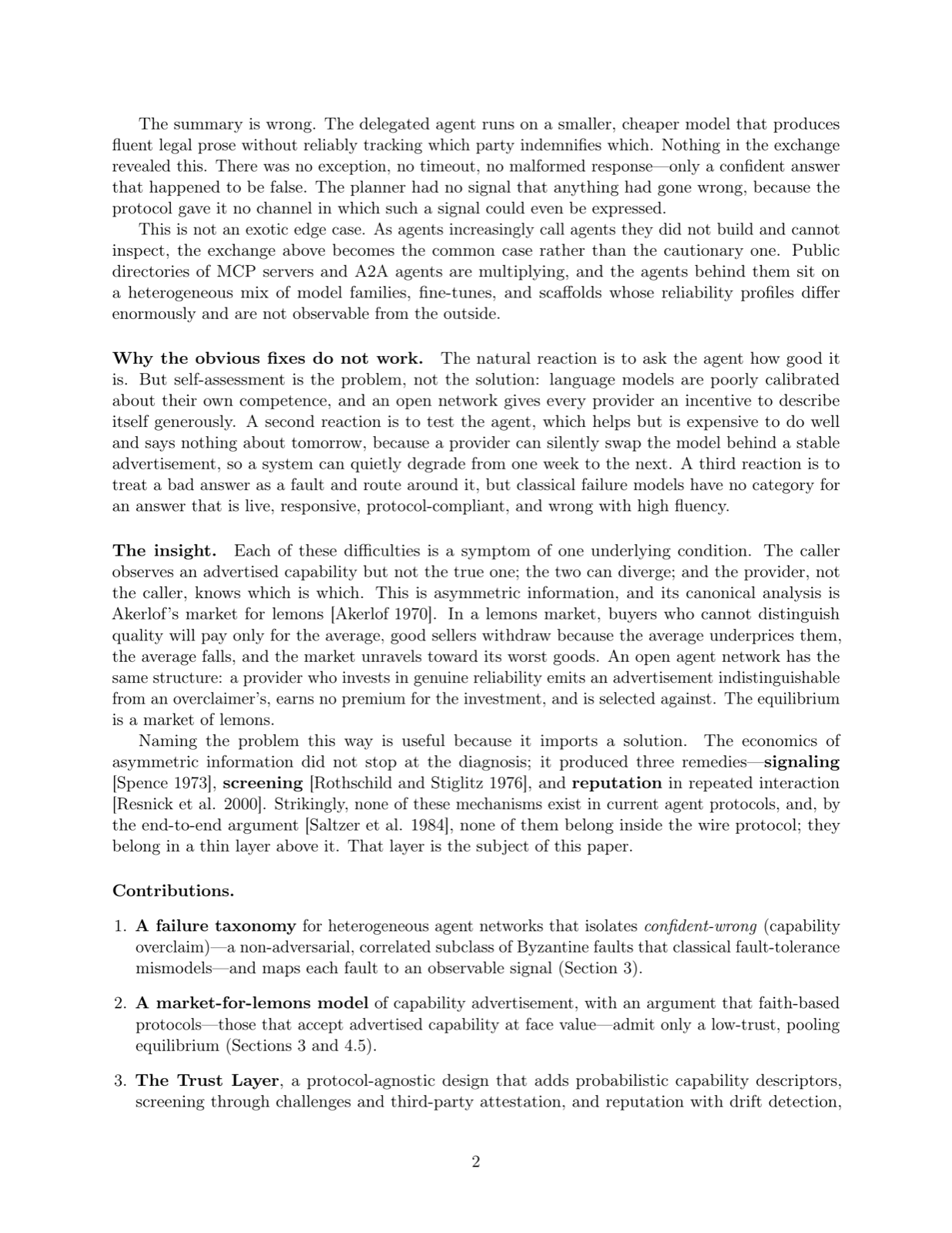Capability Advertisement as a Market for Lemons: A Trust Layer for Heterogeneous Agent Networks