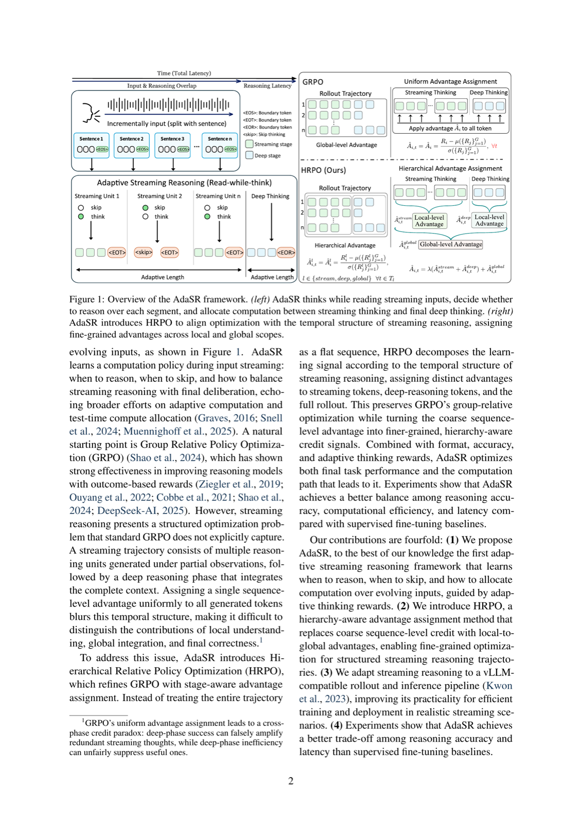 AdaSR: Adaptive Streaming Reasoning with Hierarchical Relative Policy Optimization
