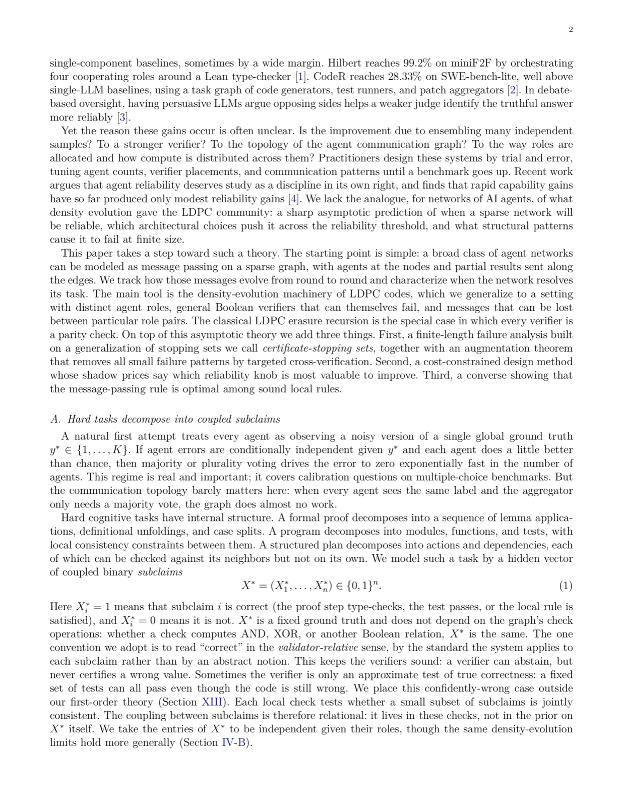 On the Reliability of Networks of AI Agents: Density Evolution, Stopping Sets, and Architecture Optimization