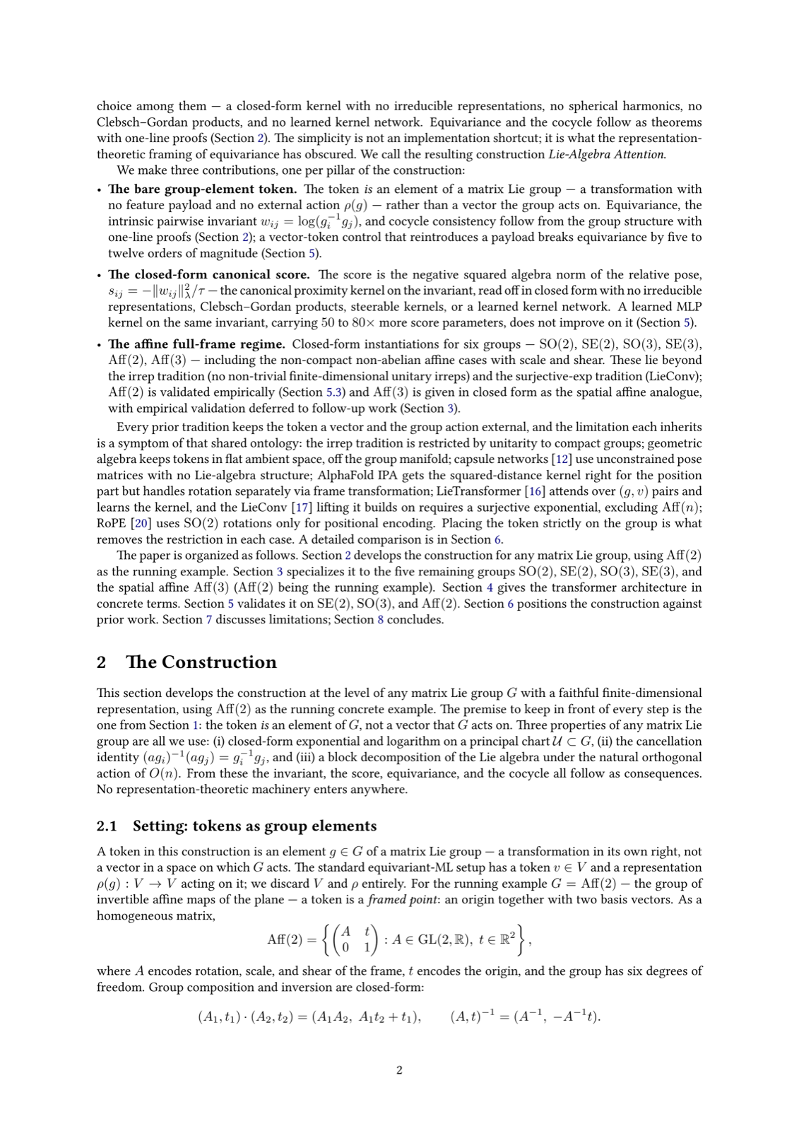 The Token Is a Group Element: On Lie-Algebra Attention over Matrix Lie Groups