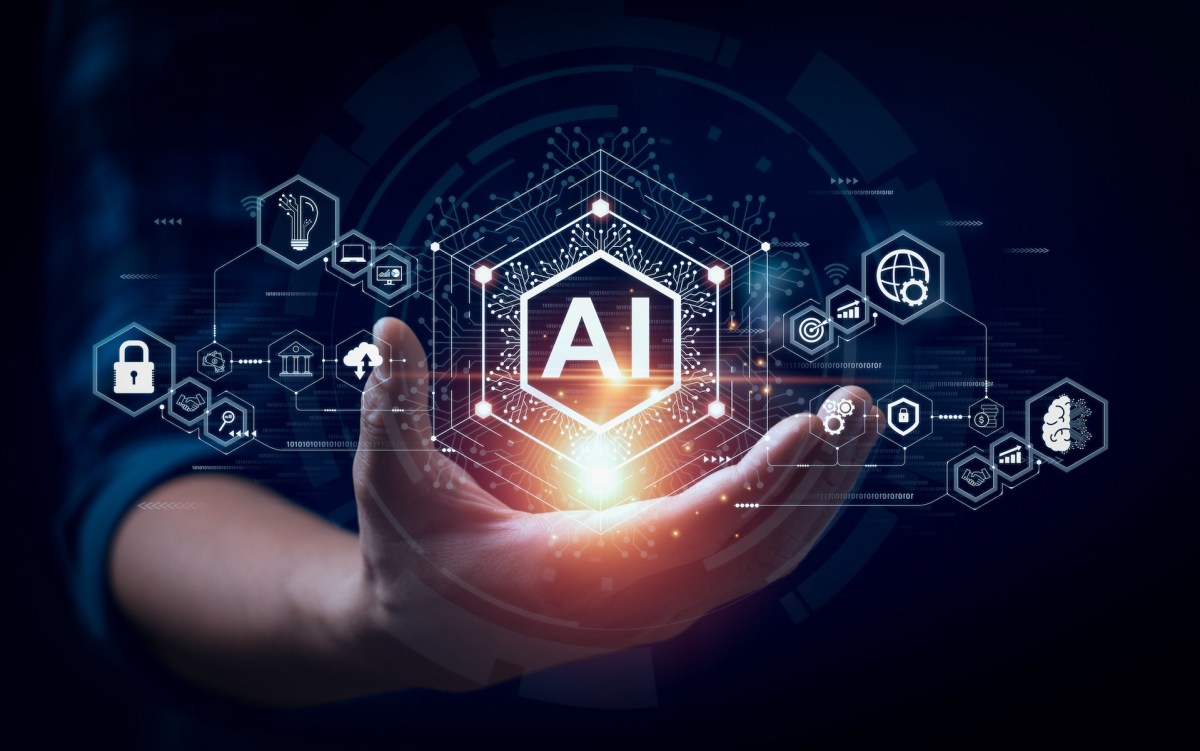 Businessman working on enterprise software platform with AI interface elements