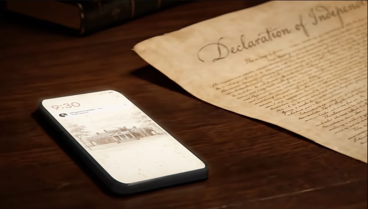 Screenshot of Google's Declaration of Independence commercial featuring historical figures using modern tech tools