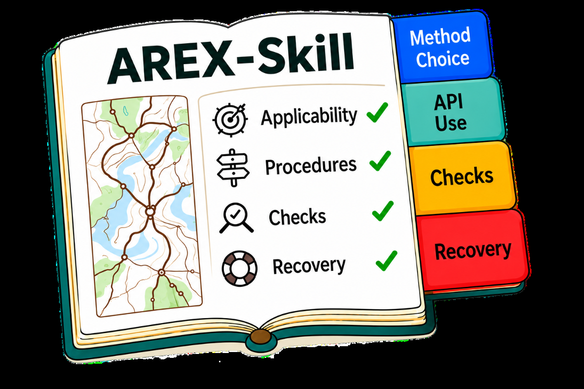 AREX-Skill open-book diagram with applicability, procedures, checks, and recovery tabs for Method Choice, API Use, Checks, and Recovery
