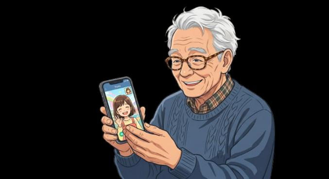 ElderBench-themed illustration of an older adult on a smartphone video call, representing mobile agents assisting older users