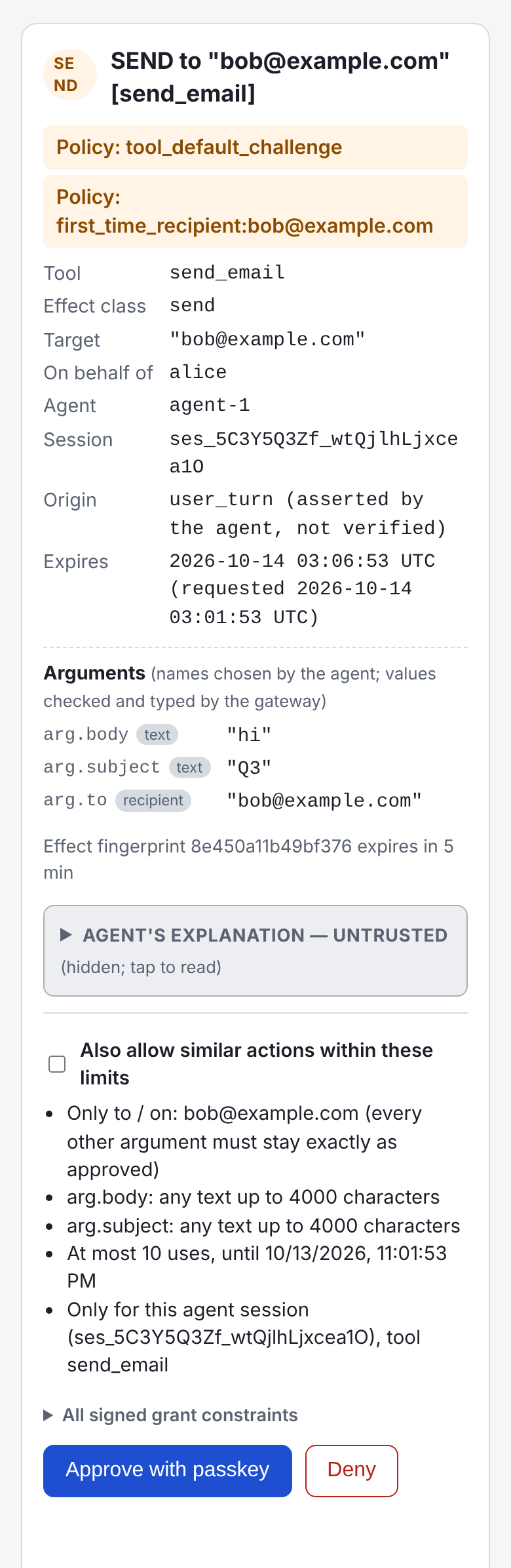 Figure from Approve What, Exactly? Effect Binding and Trusted Rendering for Agent Step-Up Authorization